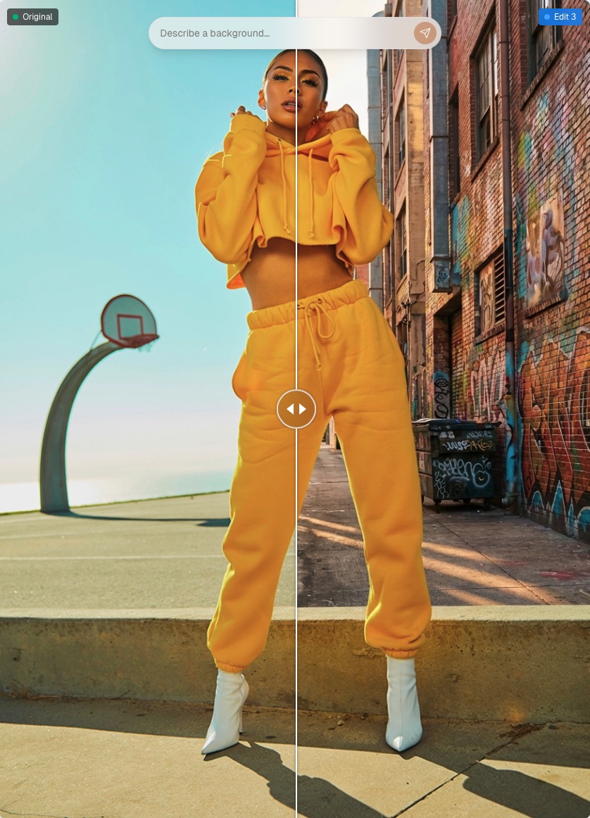 Background swap example showing the same model in two different locations