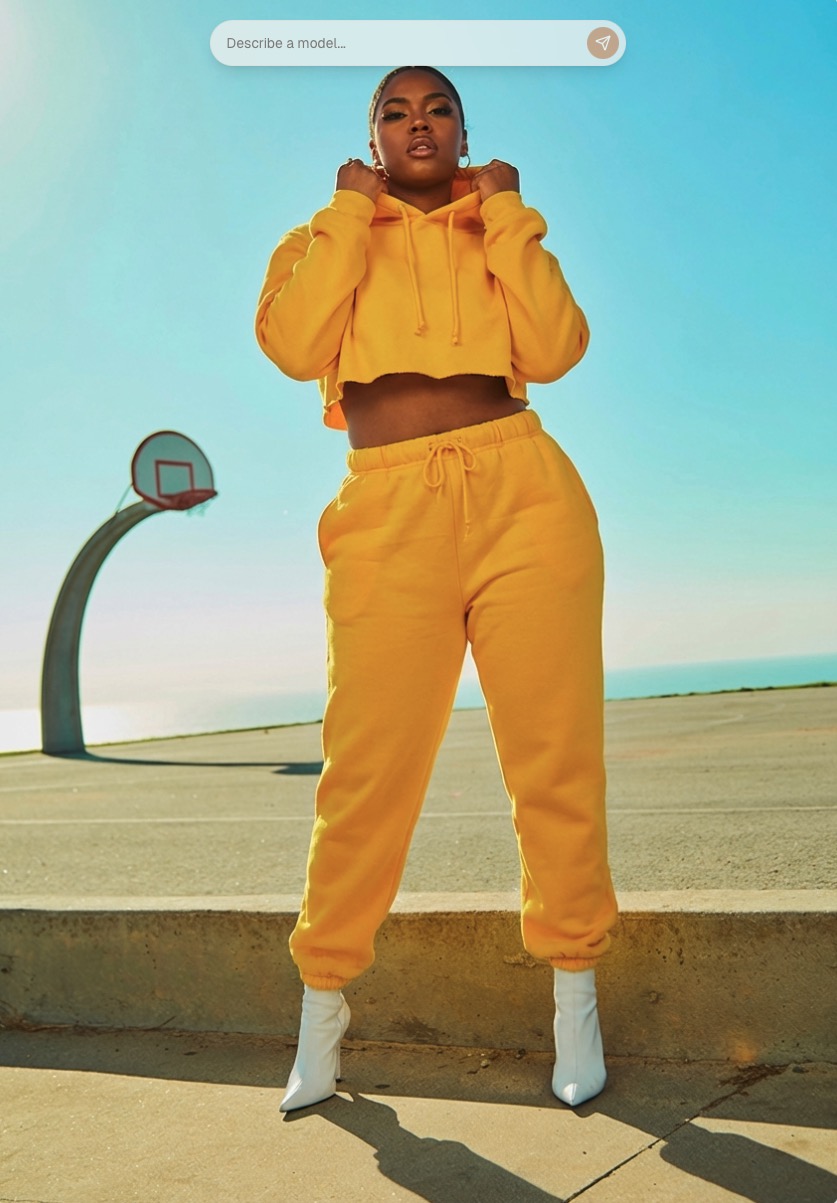 Model swap example showing different person in the same pose and outfit